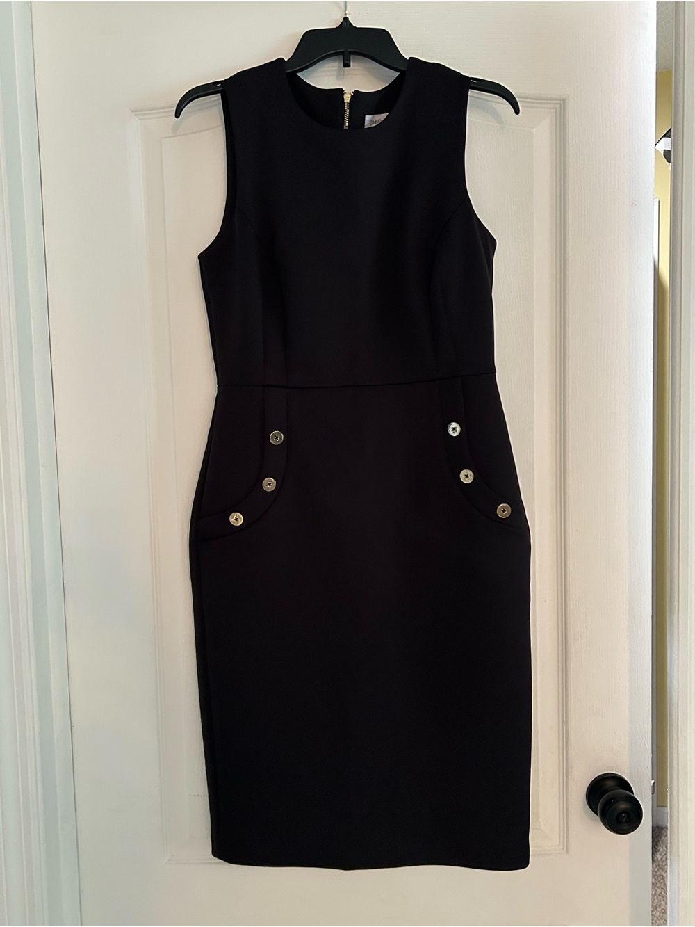 Calvin Klein Black Sleeveless Sheath Dress with Button Pocket Accents